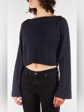 Sarah Pacini Crop Ribbed Knit Sweater, Gray